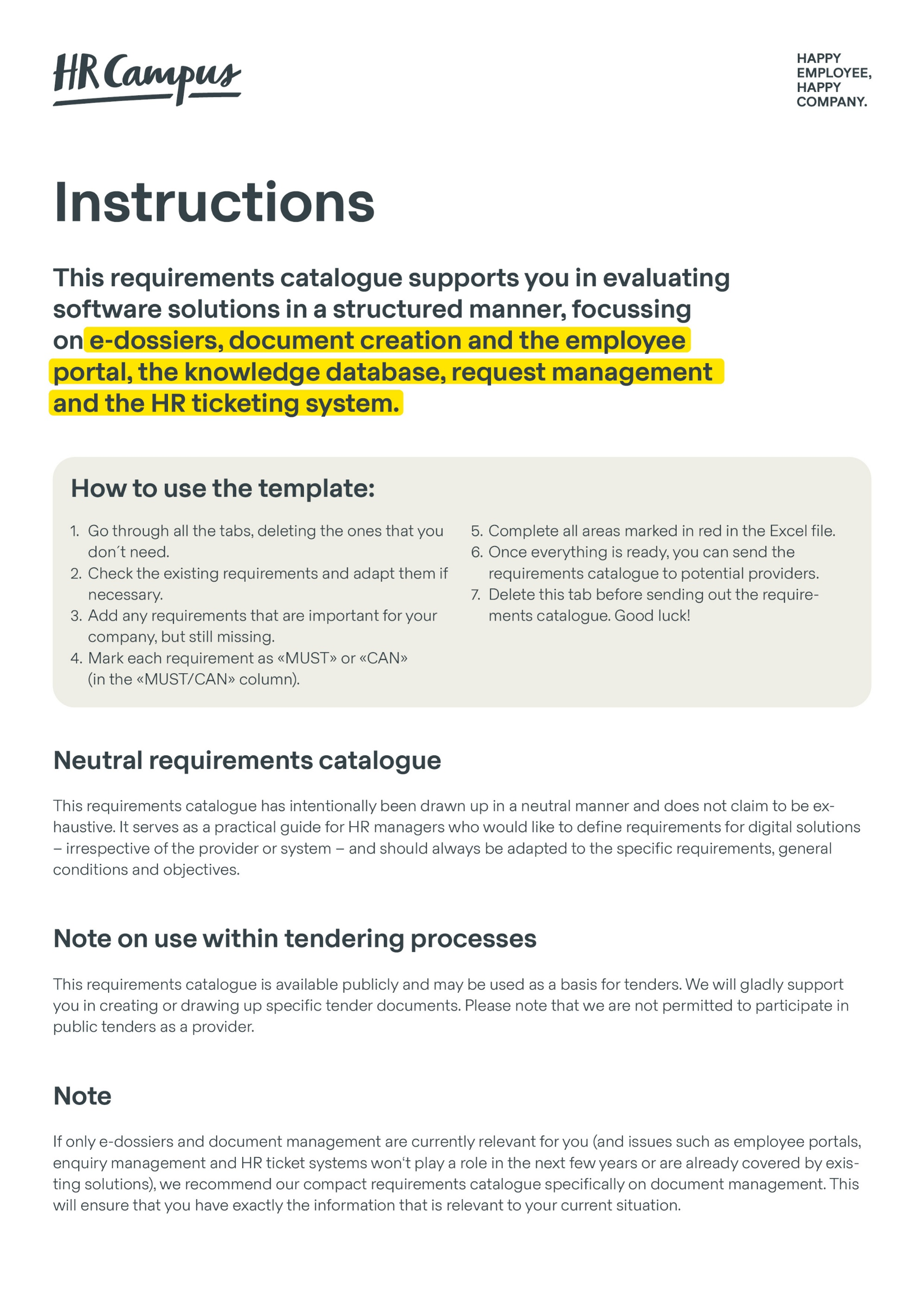 Catalogue of requirements